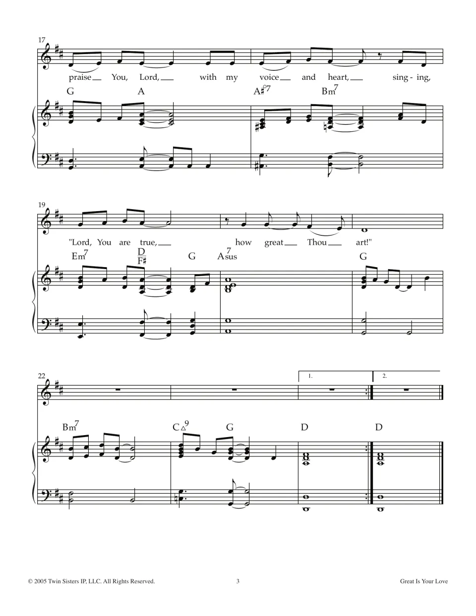 Song ending, bars 17-24: students sing 'Lord, You are true, how great Thou art!' then a piano outro with two endings
