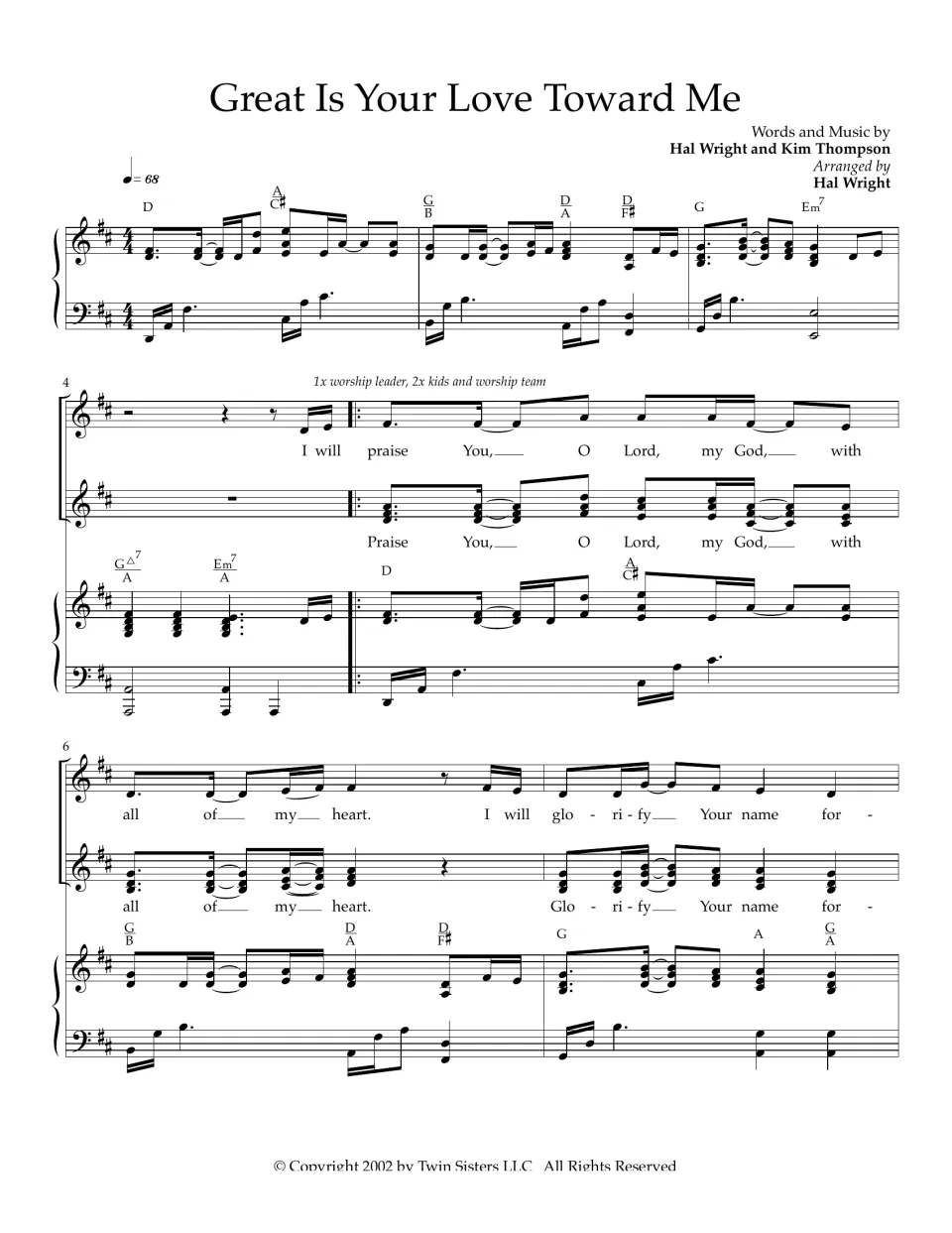 Great Is Your Love Toward Me score, bars 1-7: piano intro in D, then lead and team sing "I will praise You, O Lord"