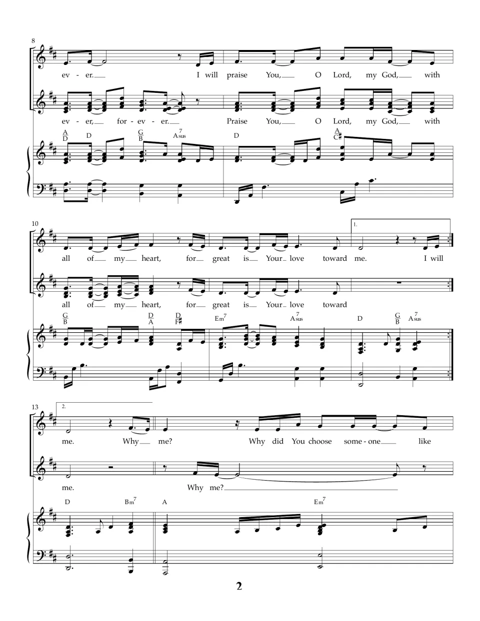 Song score, bars 8-14: verse ends "great is Your love toward me" with 1st and 2nd endings, then bridge opens "Why me?"