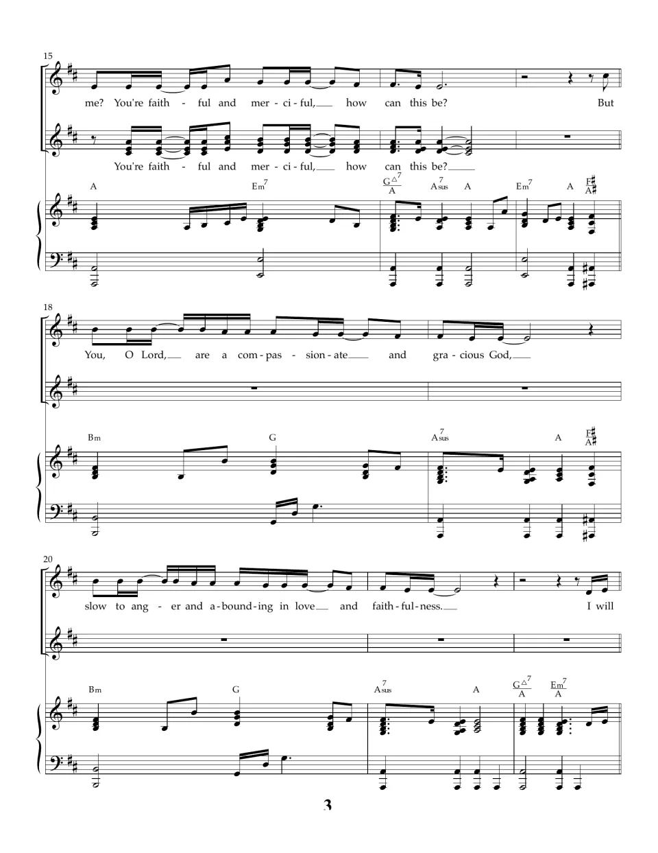 Song score, bars 15-22: bridge sings "You're faithful and merciful" then a solo line "compassionate and gracious God"