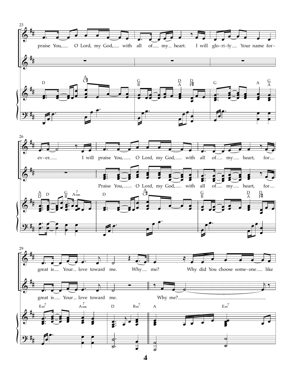 Song score, bars 23-31: chorus returns, solo first then both voices on "I will praise You," leading back to "Why me?"