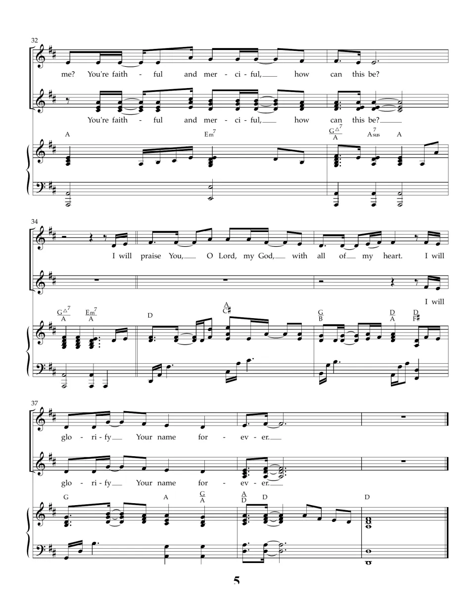 Song score, bars 32-39: last "You're faithful and merciful" and final chorus ending on "glorify Your name forever"