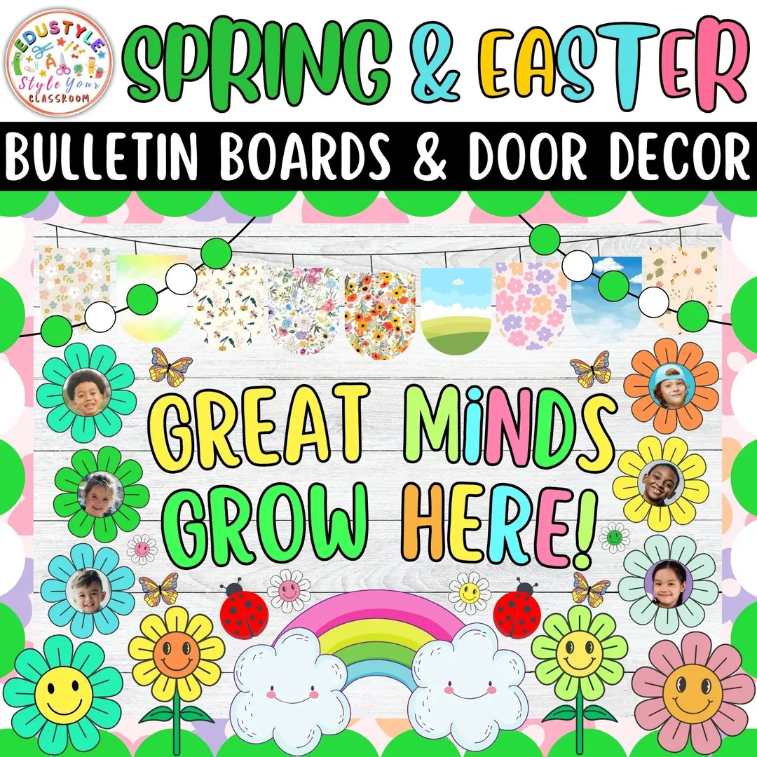 Great minds grow here!:Spring & Easter Bulletin Boards & Door Decor – cover