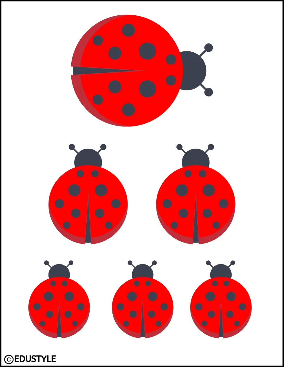 Ladybug cut-outs in three sizes: one large turned sideways, two medium and three small red spotted bugs