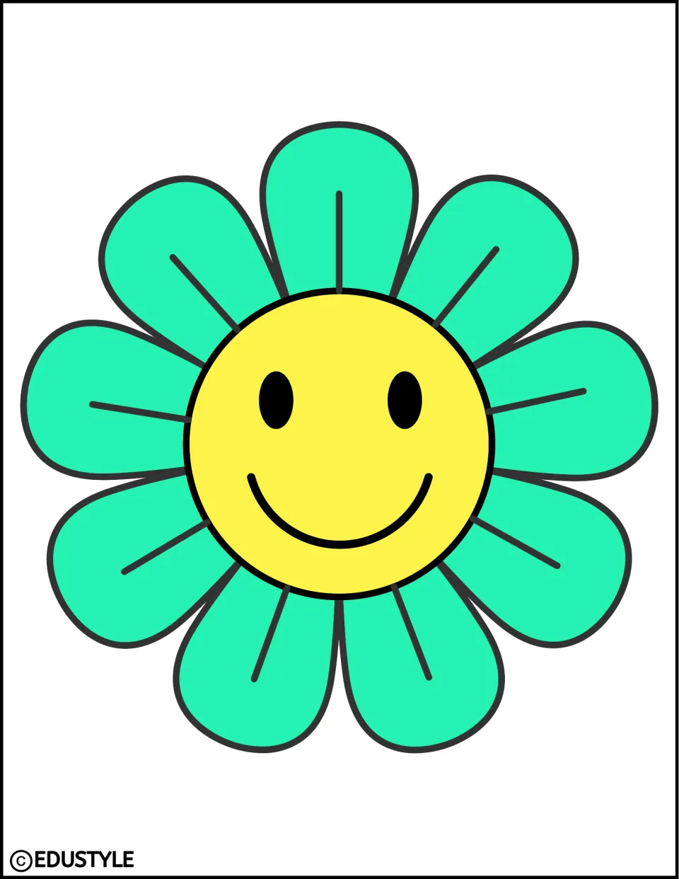 Smiling flower decoration: a mint green daisy with a yellow smiley face center, sized to fill the page
