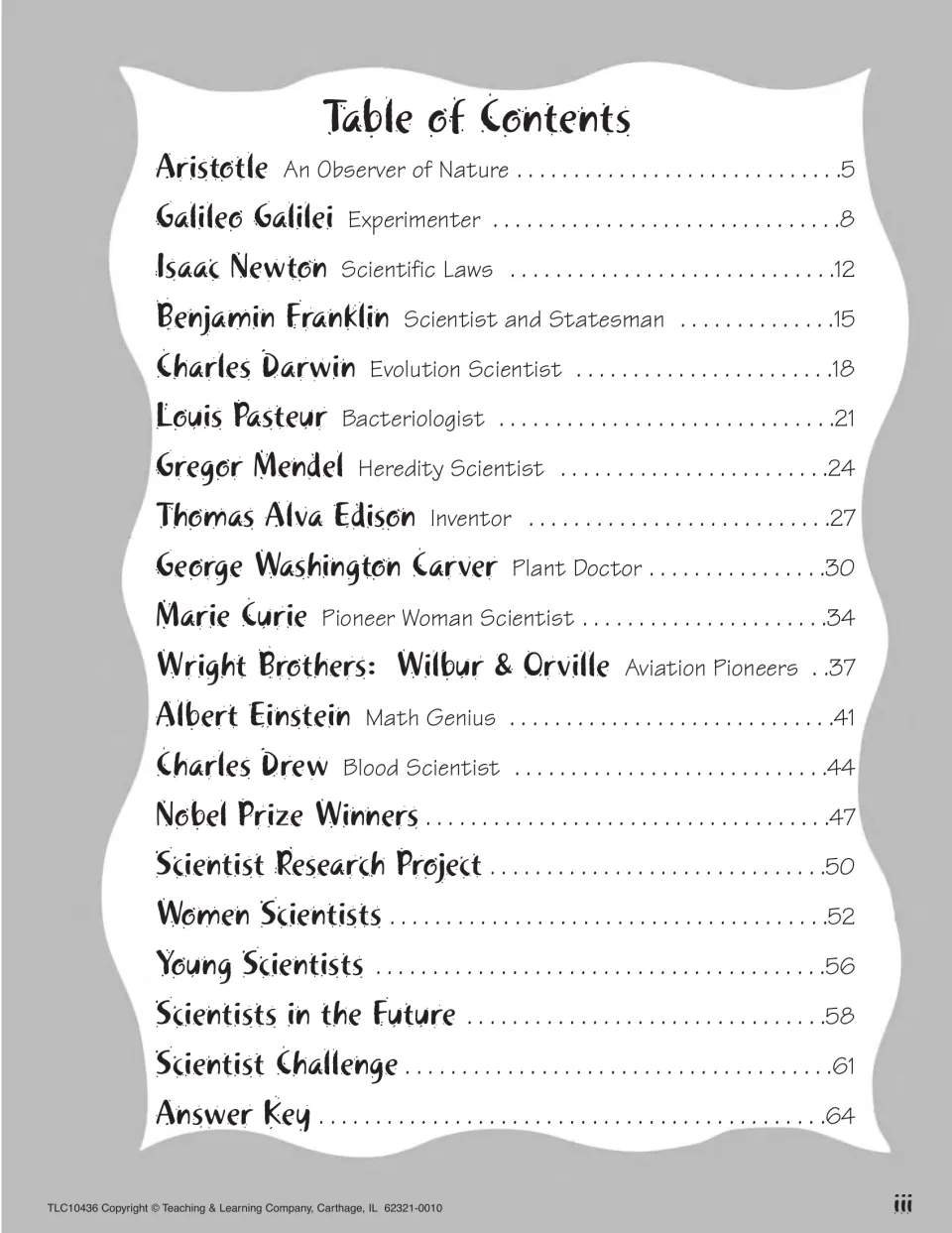 Table of contents listing scientist chapters, research projects, challenges, and the answer key on page 64