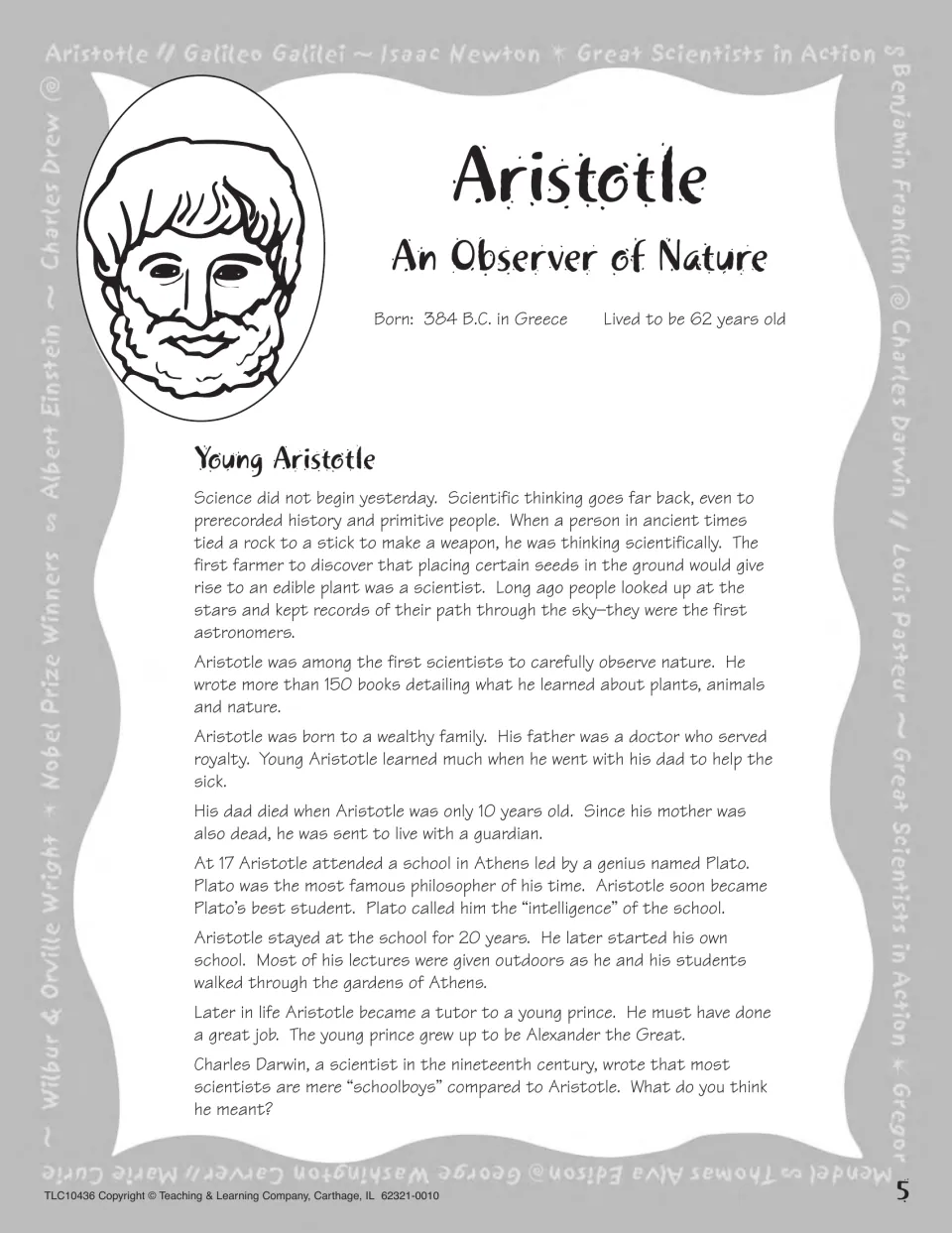 Aristotle biography introducing his childhood, studies with Plato, school, and tutoring of Alexander the Great