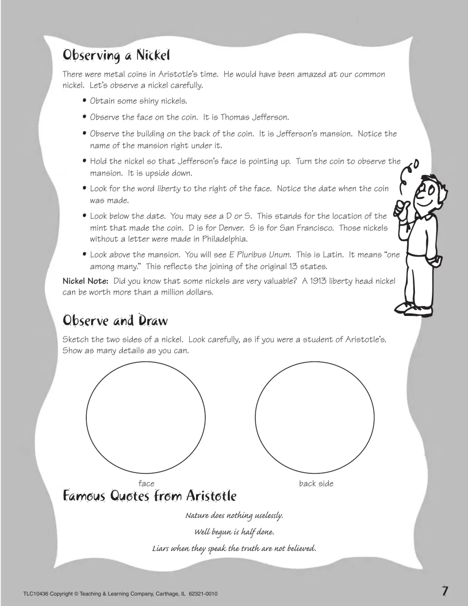 Aristotle observation activity directing students to examine a nickel and sketch both sides in detail