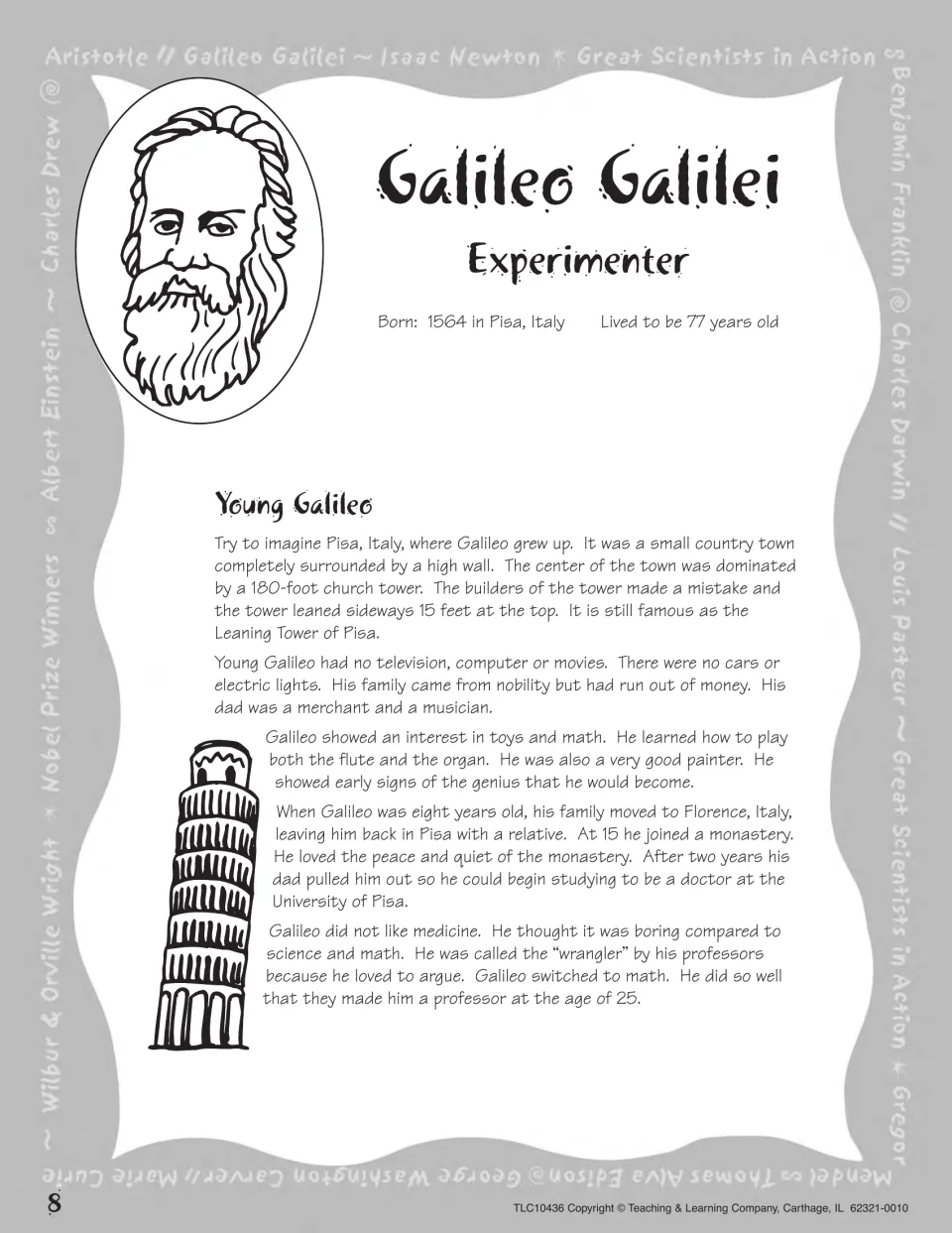 Galileo biography covering childhood in Pisa, interests in math and music, and his path to becoming a professor