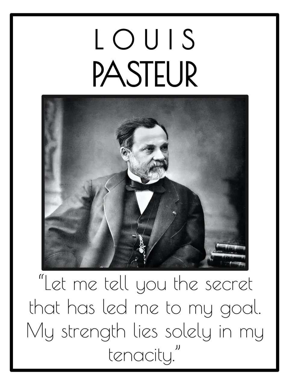 Louis Pasteur poster with his portrait and a quote explaining that his strength lies solely in his tenacity