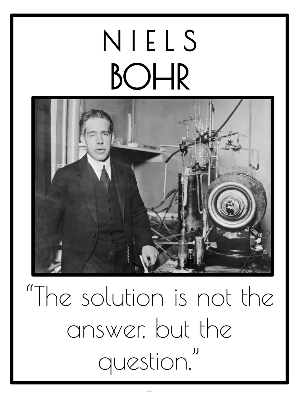 Niels Bohr poster with his laboratory portrait and the quote 'The solution is not the answer, but the question.'