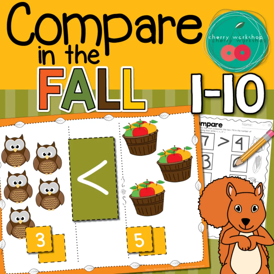 Cover for a fall number comparison activity for 1–10, showing sample picture cards and a comparison worksheet