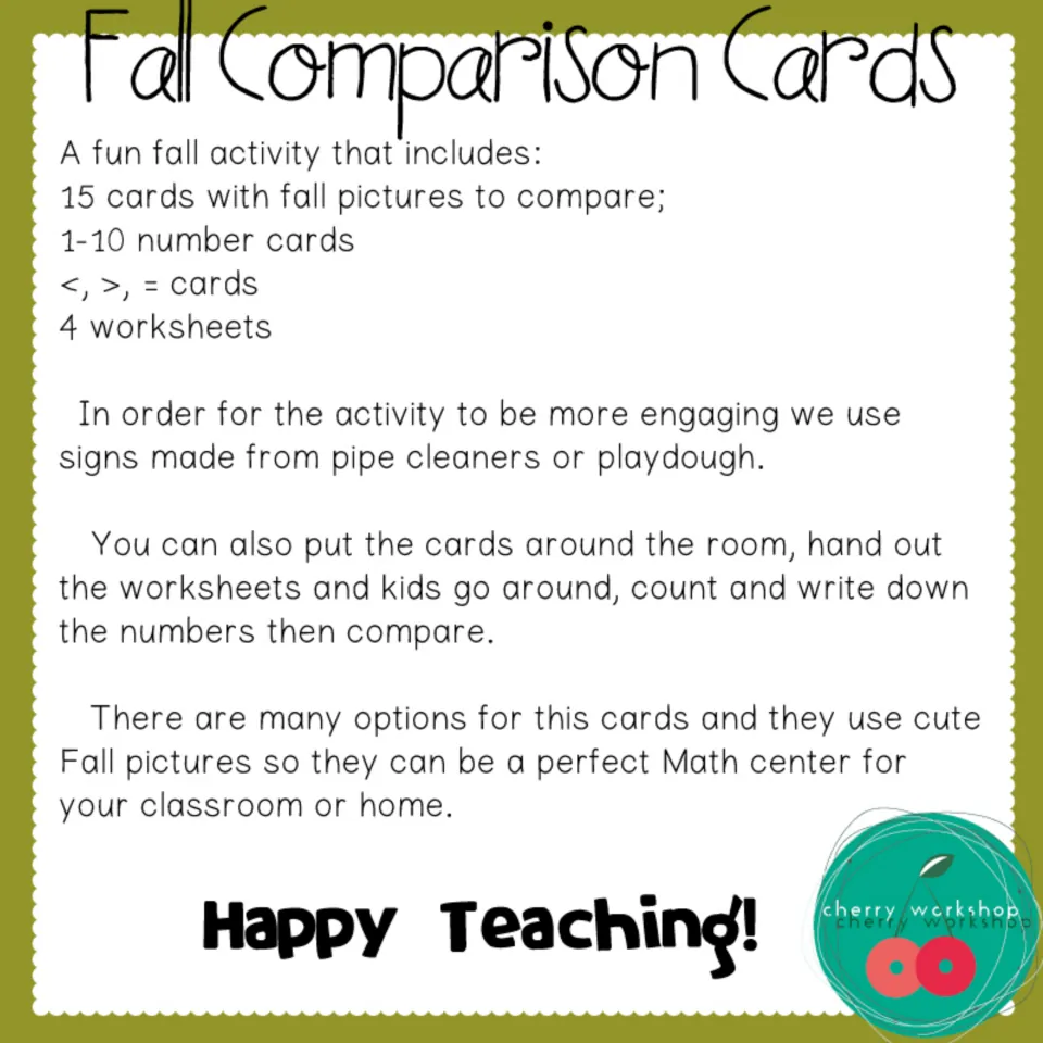 Fall Comparison Cards directions list 15 picture cards, number and symbol cards, and four worksheets