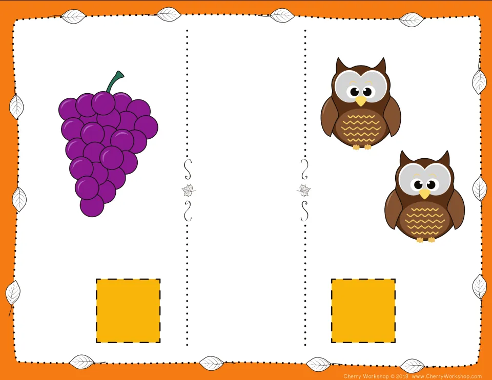 Fall comparison card 1: count one bunch of grapes and two owls, then choose numbers and a comparison symbol