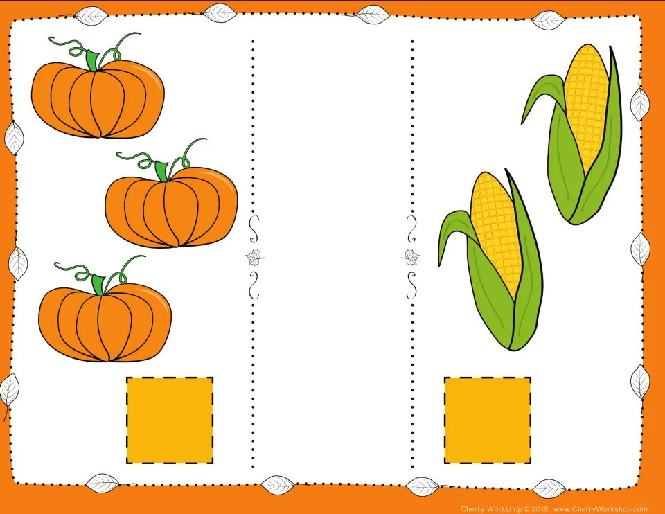 Fall comparison card 2: count three pumpkins and two ears of corn, then choose numbers and a comparison symbol