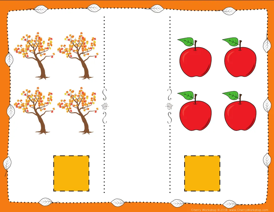 Fall comparison card 3: count four trees and four apples, then choose numbers and a comparison symbol