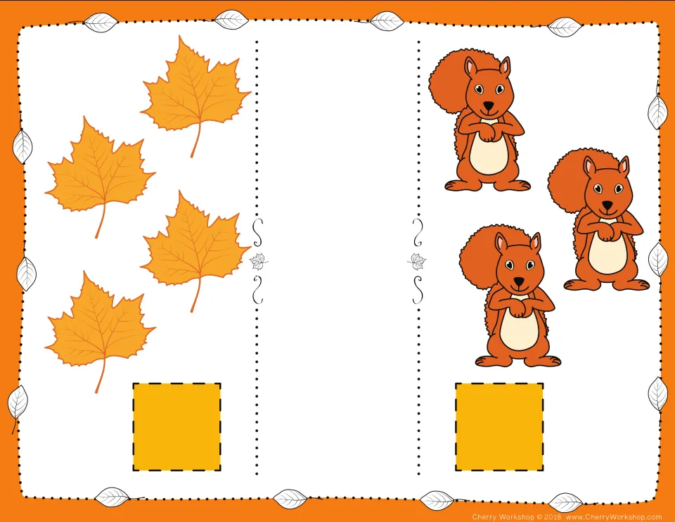 Fall comparison card 4: count four leaves and three squirrels, then choose numbers and a comparison symbol