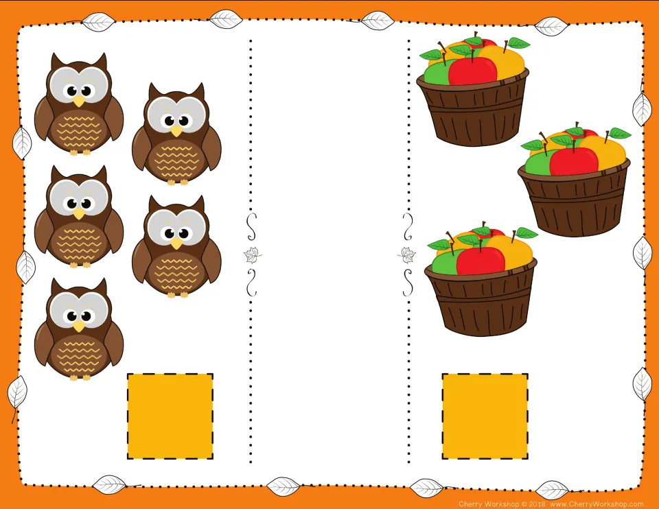 Fall comparison card 5: count five owls and three fruit baskets, then choose numbers and a comparison symbol