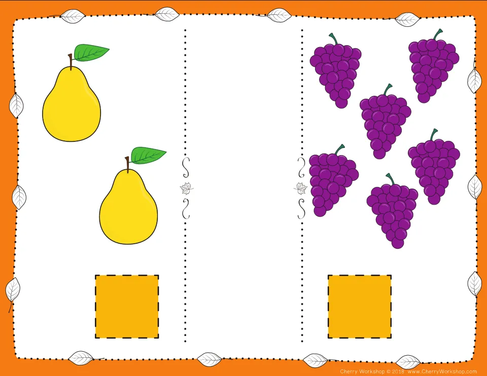 Fall comparison card 6: count two pears and six bunches of grapes, then choose numbers and a comparison symbol