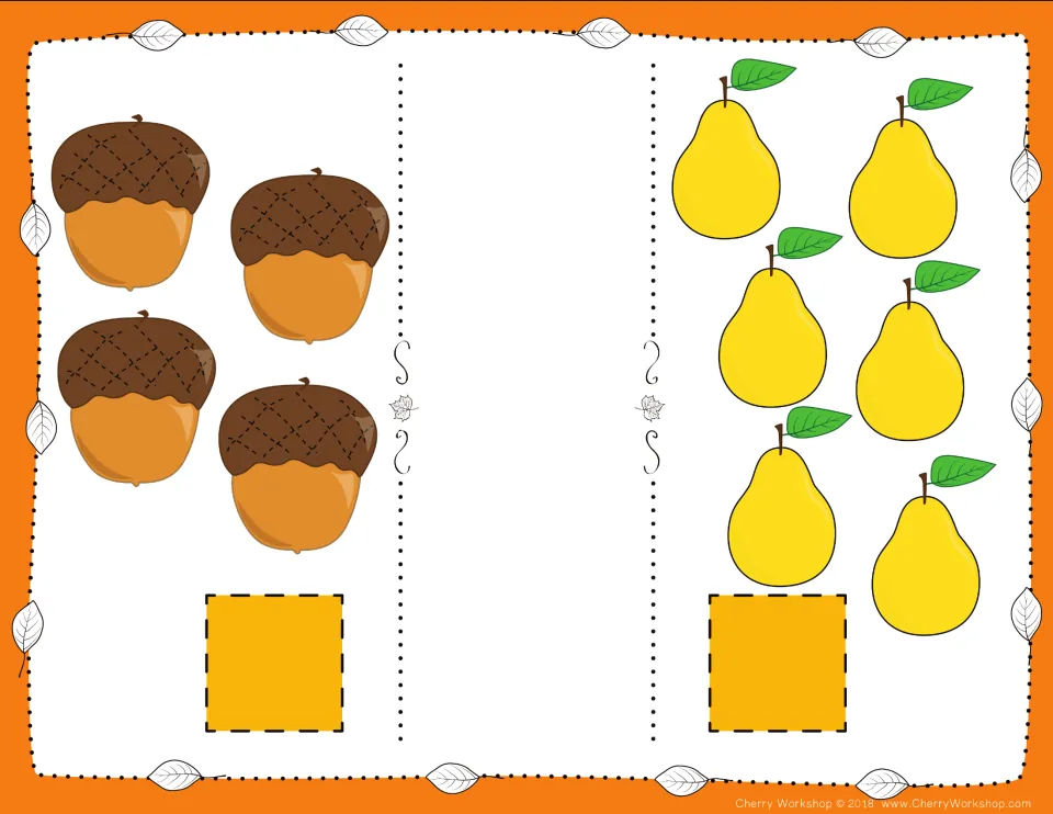 Fall comparison card 7: count four acorns and six pears, then choose numbers and a comparison symbol
