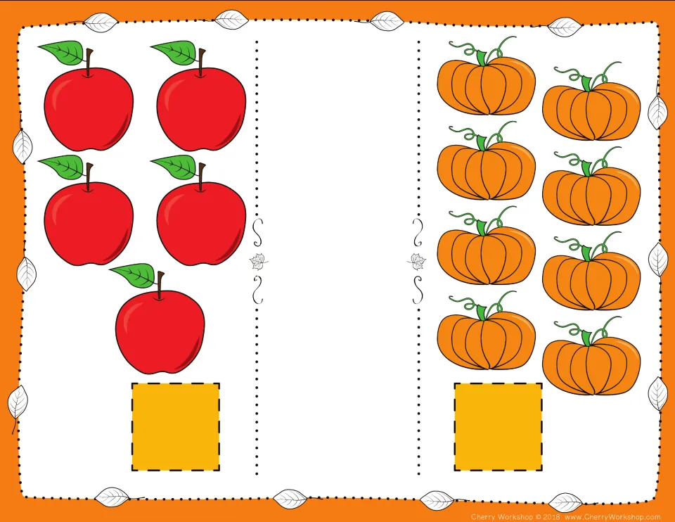 Fall comparison card 8: count five apples and eight pumpkins, then choose numbers and a comparison symbol