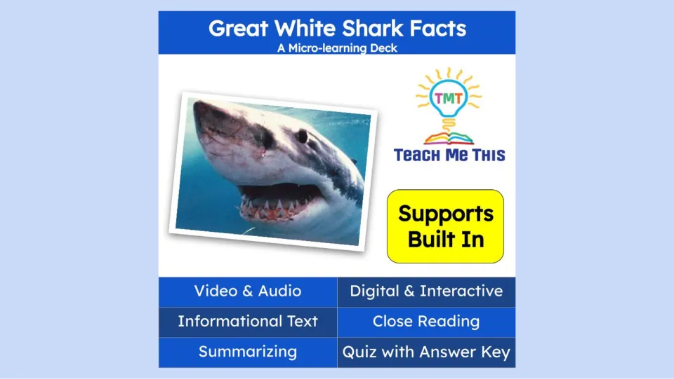 Great White Shark Facts cover identifies a micro-learning deck with video, audio, reading, and a quiz.