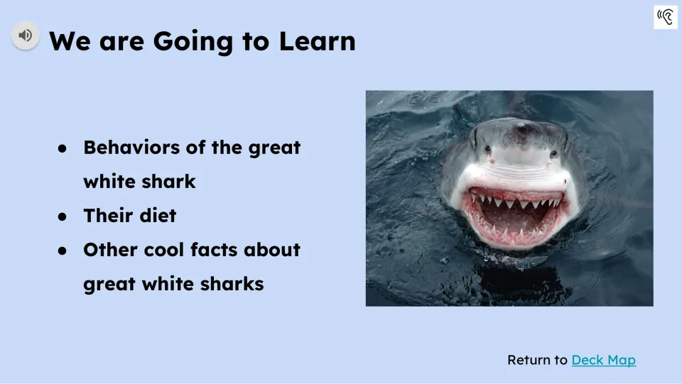 Learning preview introduces great white shark behaviors, diet, and other facts, with an audio playback icon.
