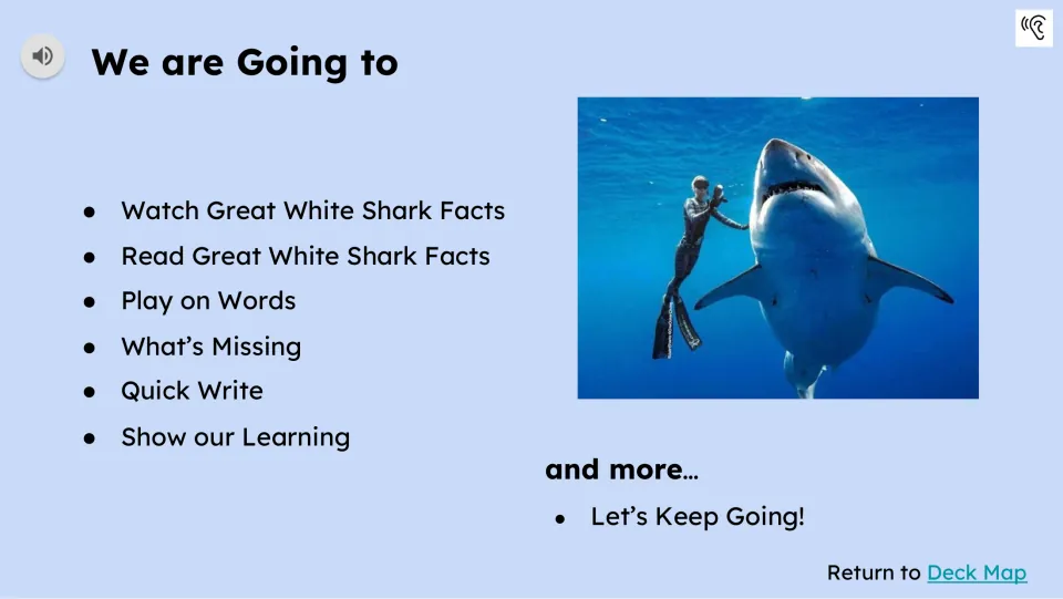 Activity preview lists watching, reading, Play on Words, What's Missing, Quick Write, and Show our Learning.