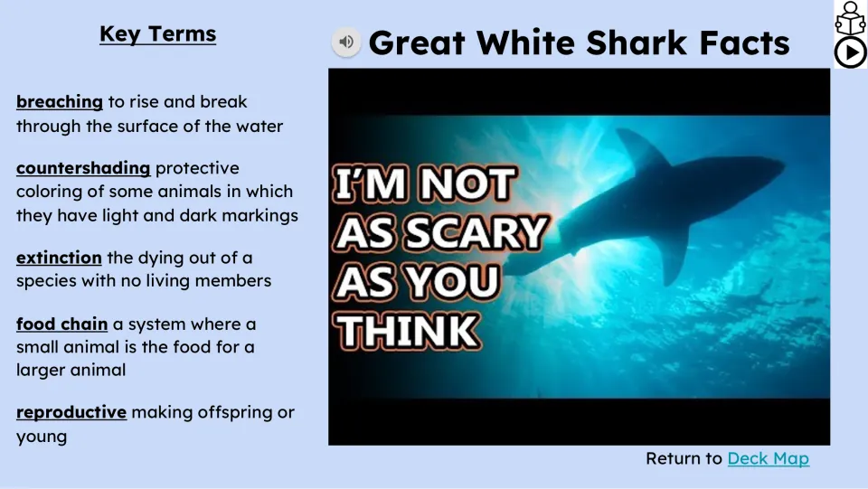 Video and key terms slide defines breaching, countershading, extinction, food chain, and reproductive.
