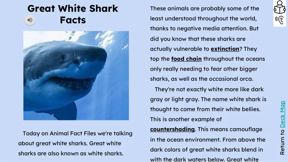 Opening reading passage discusses white sharks, extinction risk, the food chain, and countershading, with audio.