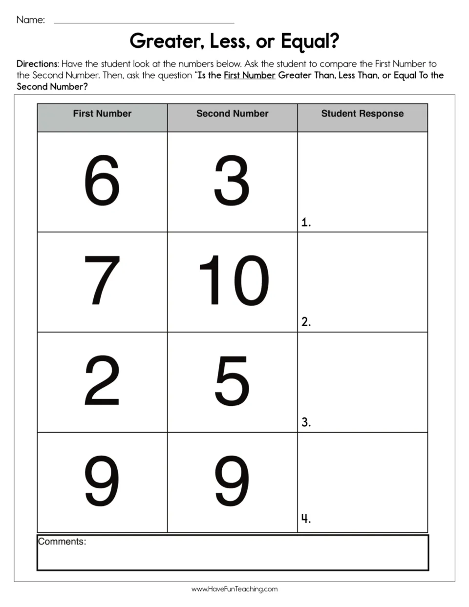 Comparing numbers to 10: students say if the first number is greater than, less than or equal to the second in 4 pairs