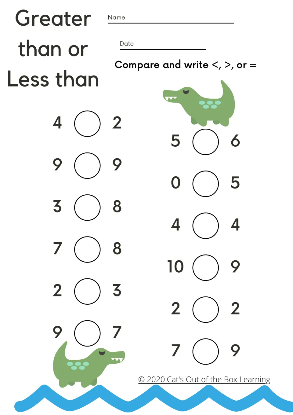 Greater than or less than, colour version: students compare 12 number pairs from 0 to 10 and write <, > or =