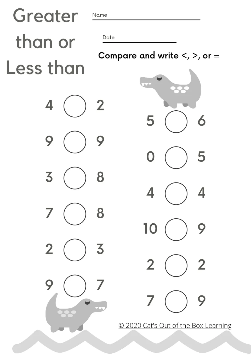Comparing numbers to 10, black-and-white version: students write <, > or = for pairs like 10 and 9 or 4 and 4