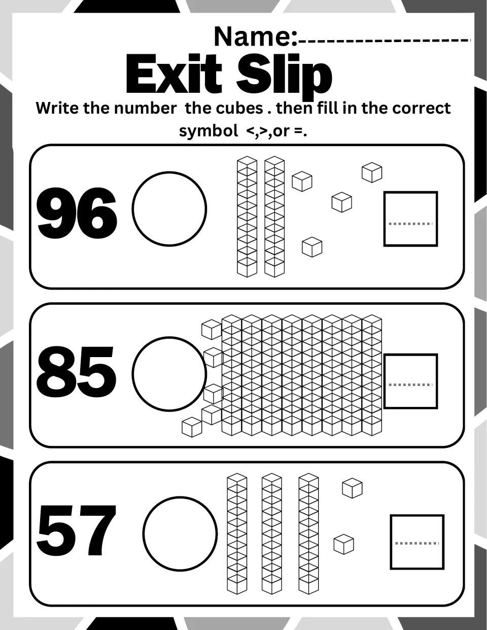 Exit slip comparing 96, 85 and 57 to block models: students write the number of tens and ones, then add <, > or =