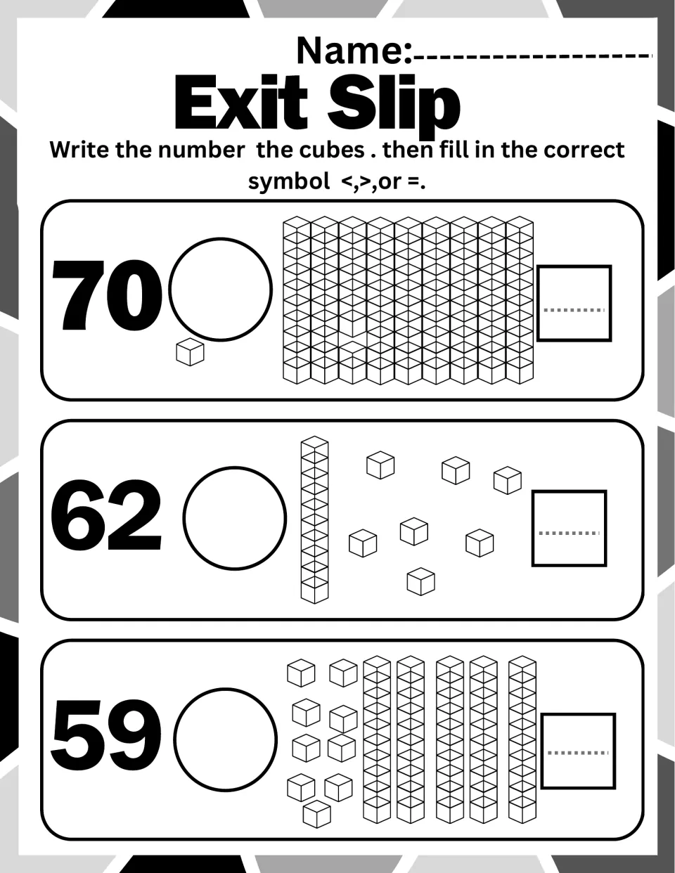 Two-digit comparison exit slip with 70, 62 and 59: students name the number each block set shows and fill in a symbol