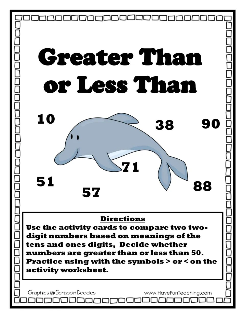Greater than or less than cover: dolphin with numbers, directions to compare two-digit numbers to 50 using cards