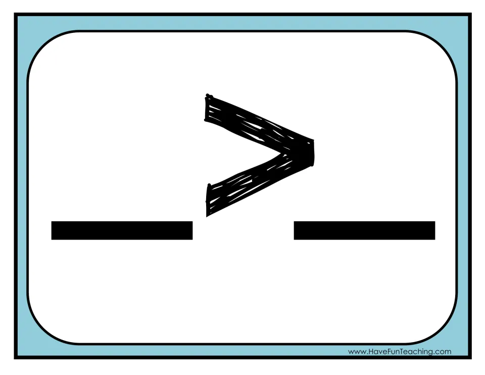Greater-than symbol card: a large > sign between two blanks where students place two number cards to compare