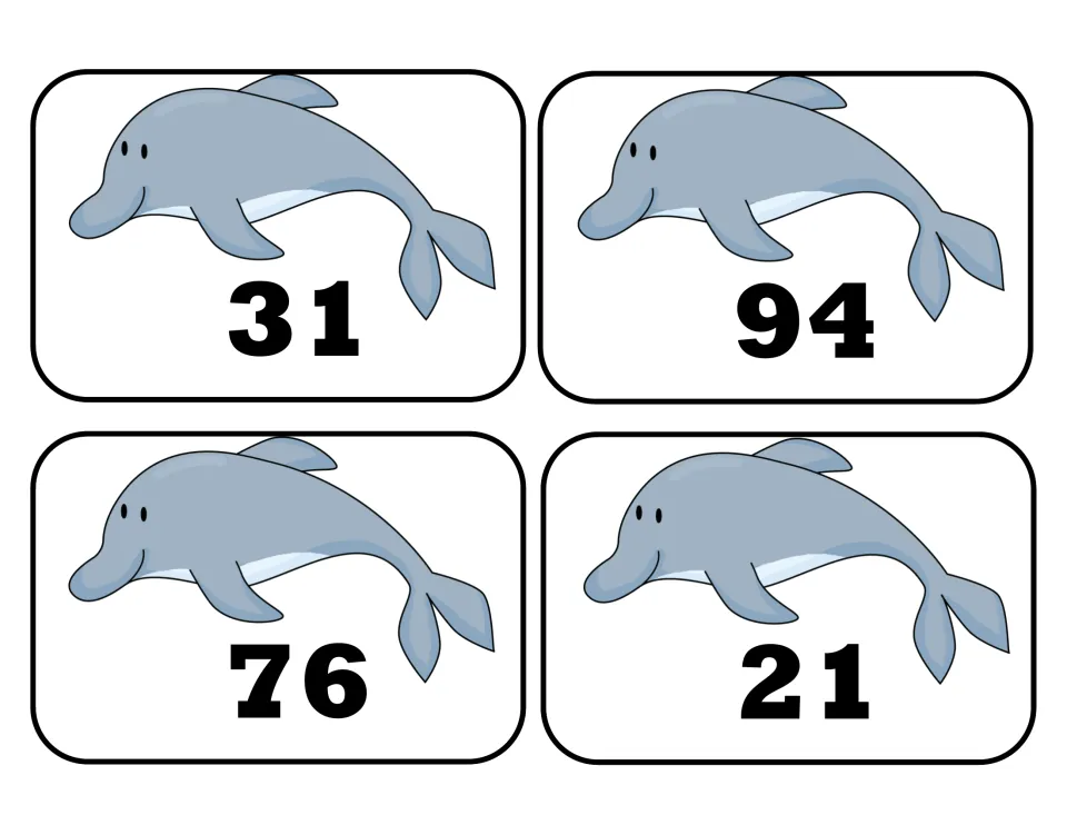 Dolphin number cards 31, 94, 76 and 21 for comparing two-digit numbers and sorting above or below 50