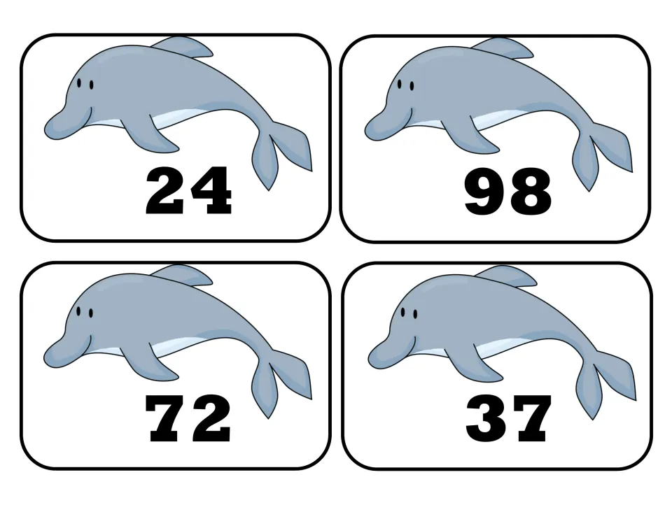 Dolphin number cards 24, 98, 72 and 37 for comparing two-digit numbers by their tens and ones digits