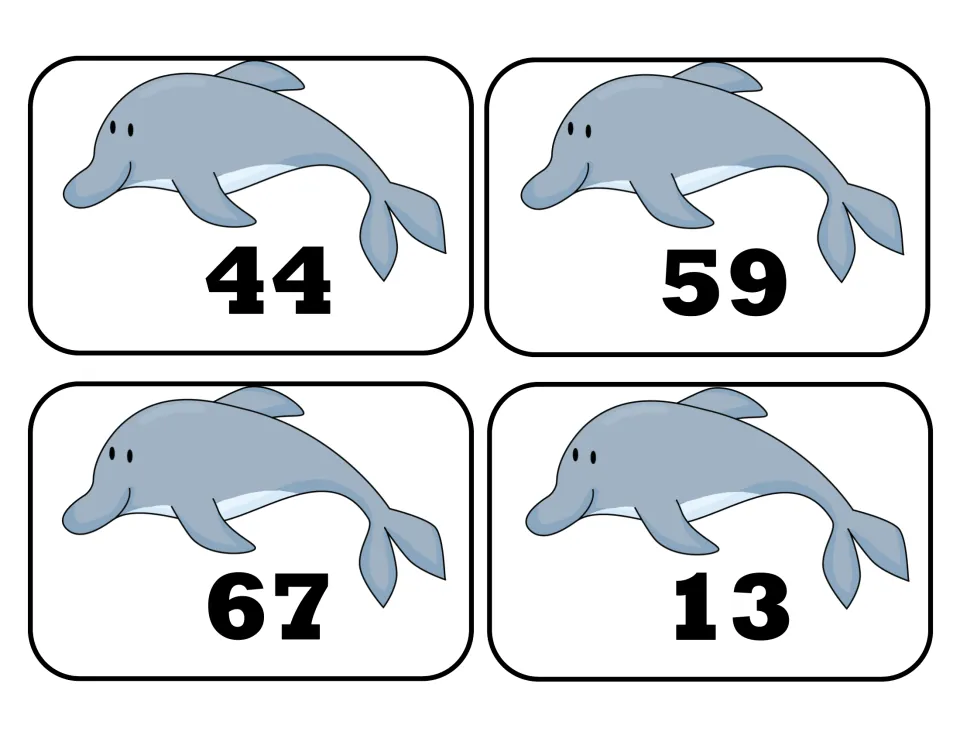 Dolphin number cards 44, 59, 67 and 13 for deciding which number is greater and sorting around 50