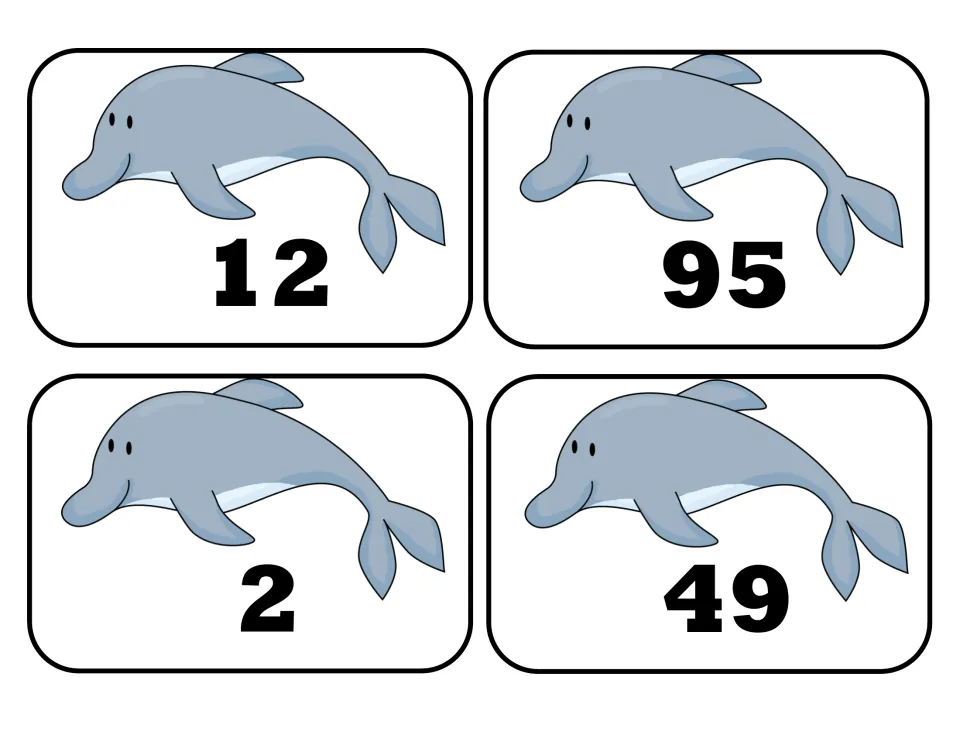 Dolphin number cards 12, 95, 2 and 49 for comparing numbers with > and < and sorting less than 50