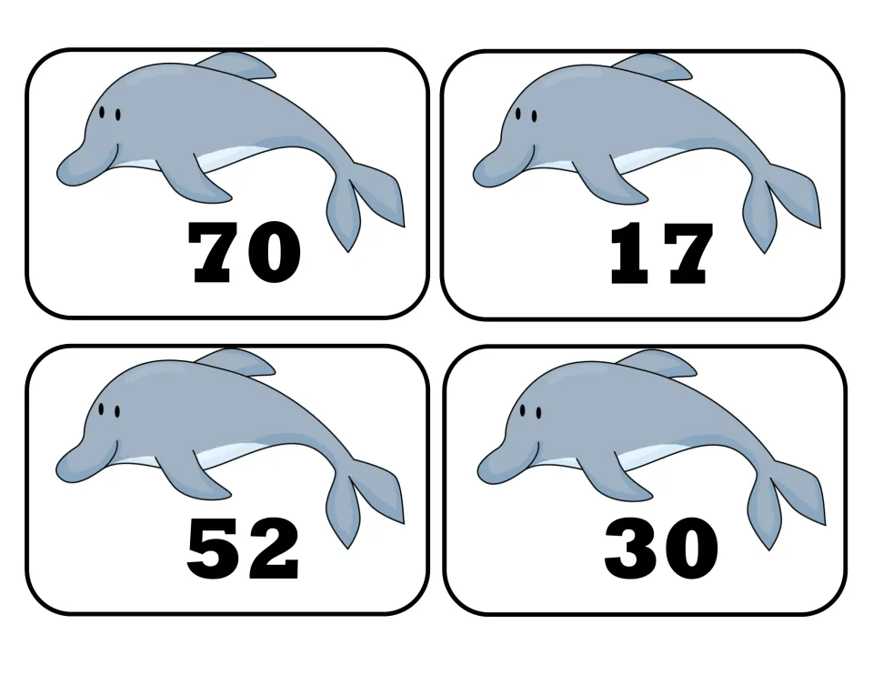 Dolphin number cards 70, 17, 52 and 30 for comparing two-digit numbers with reversed digits like 70 and 17