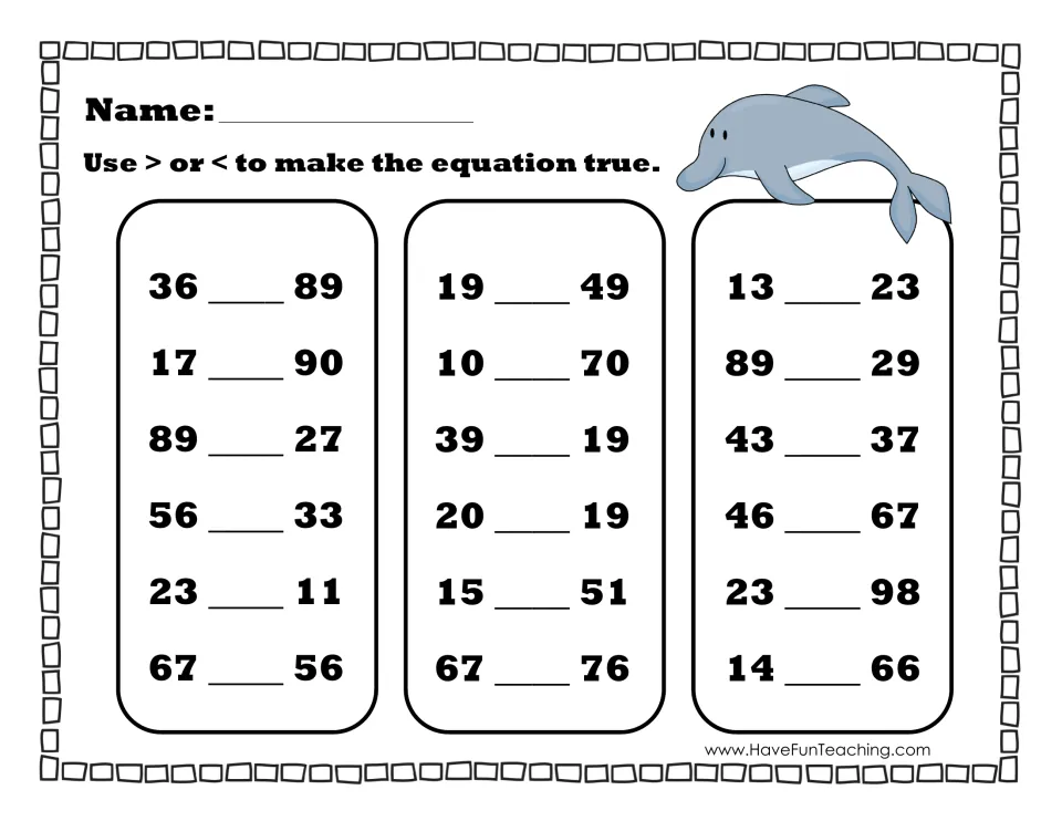 Comparing two-digit numbers: students write > or < to make 18 statements true, such as 36 _ 89 and 67 _ 76