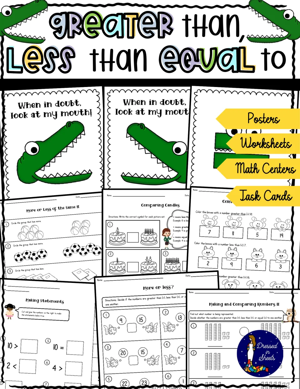 Greater than, less than, equal to cover showing alligator posters, comparison worksheets, math centers and task cards