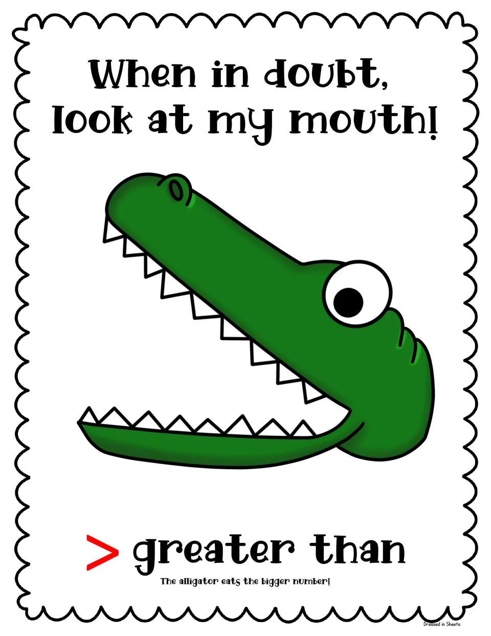 Greater than poster: alligator mouth opening left toward the red > sign, reminding students it eats the bigger number