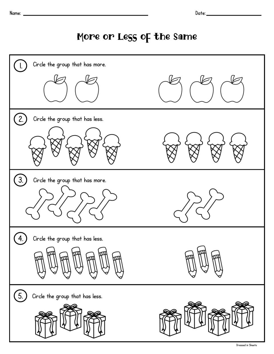 More or Less of the Same: circle the group with more or less in 5 sets of apples, ice cream, bones, pencils and gifts