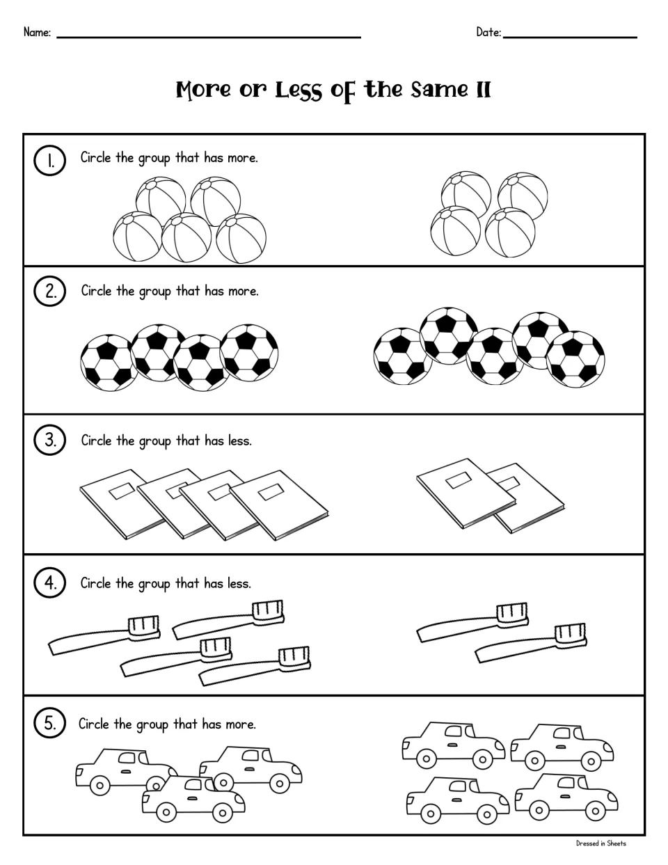 More or Less of the Same II: circle the larger or smaller group of beach balls, soccer balls, books, toothbrushes and cars