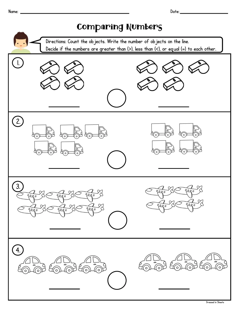 Comparing Numbers: students count whistles, trucks, planes and cars, write each total, then write >, < or = between them