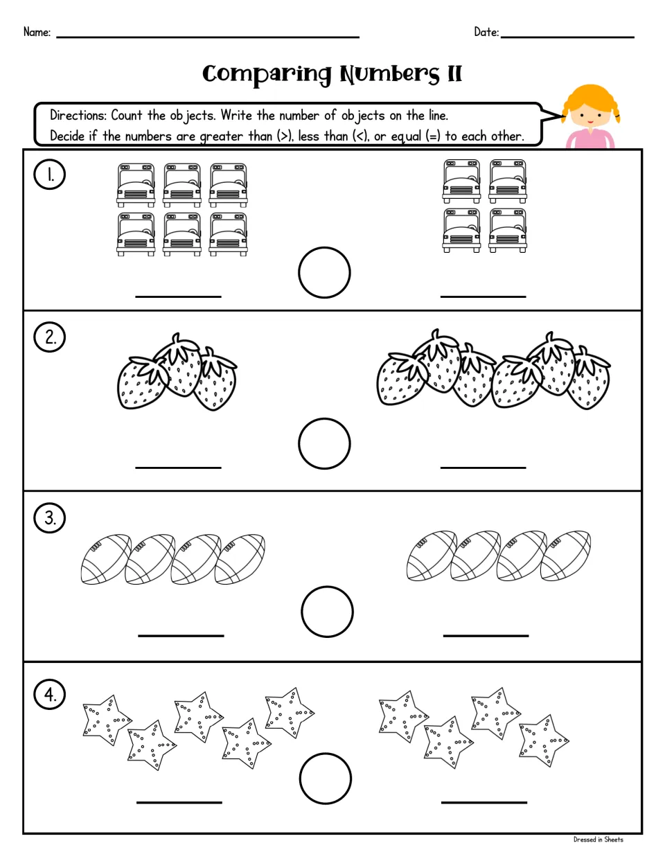 Comparing Numbers II: count buses, strawberries, footballs and stars, write each total and fill the circle with >, < or =