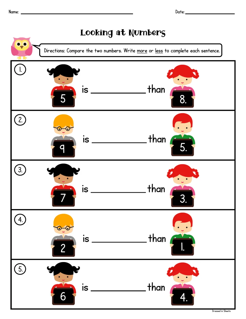 Looking at Numbers: students compare pairs such as 5 and 8 or 9 and 5 and write more or less to complete each sentence